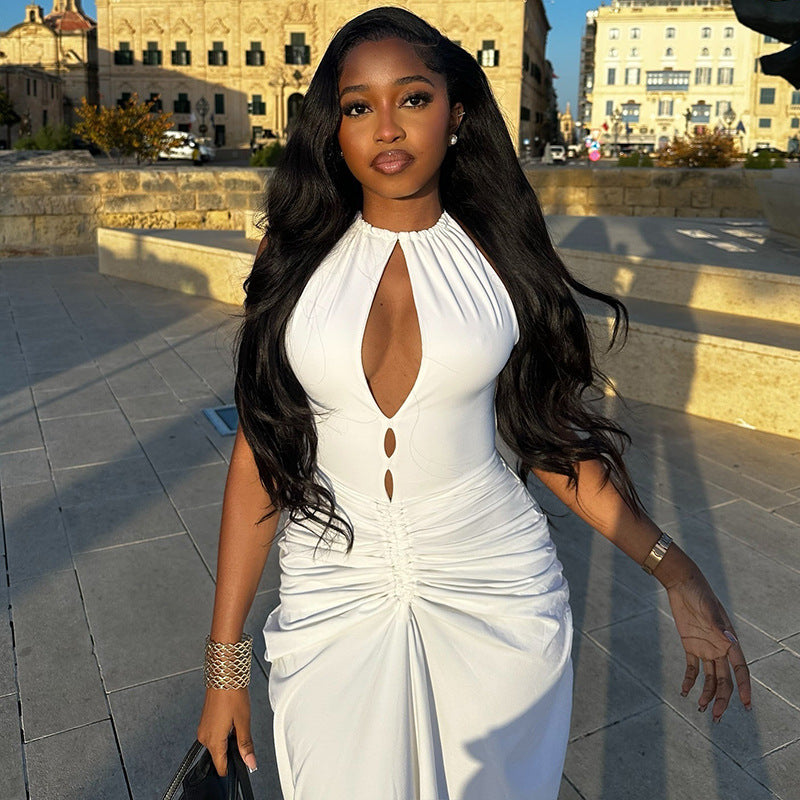 Pleated Sexy Cutout Hip Slim Fit Turtleneck Sleeveless Dress