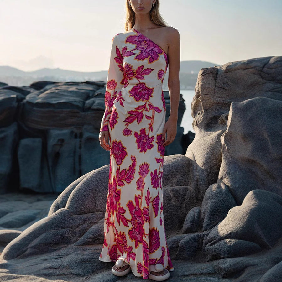 Rose Print Satin Maxi Dress – Slanted Shoulder Detail