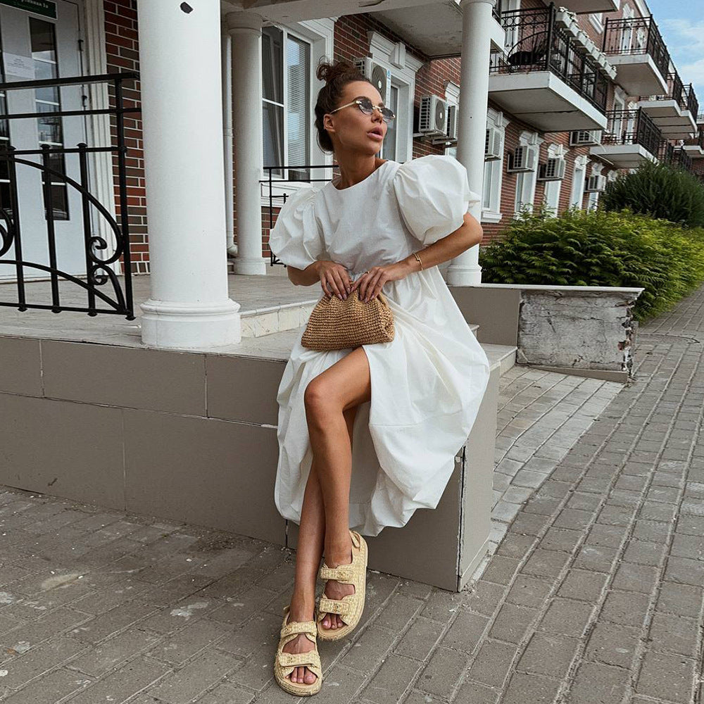 Cotton Puff Sleeve Dress – Casual Loose-Fit Spring Style