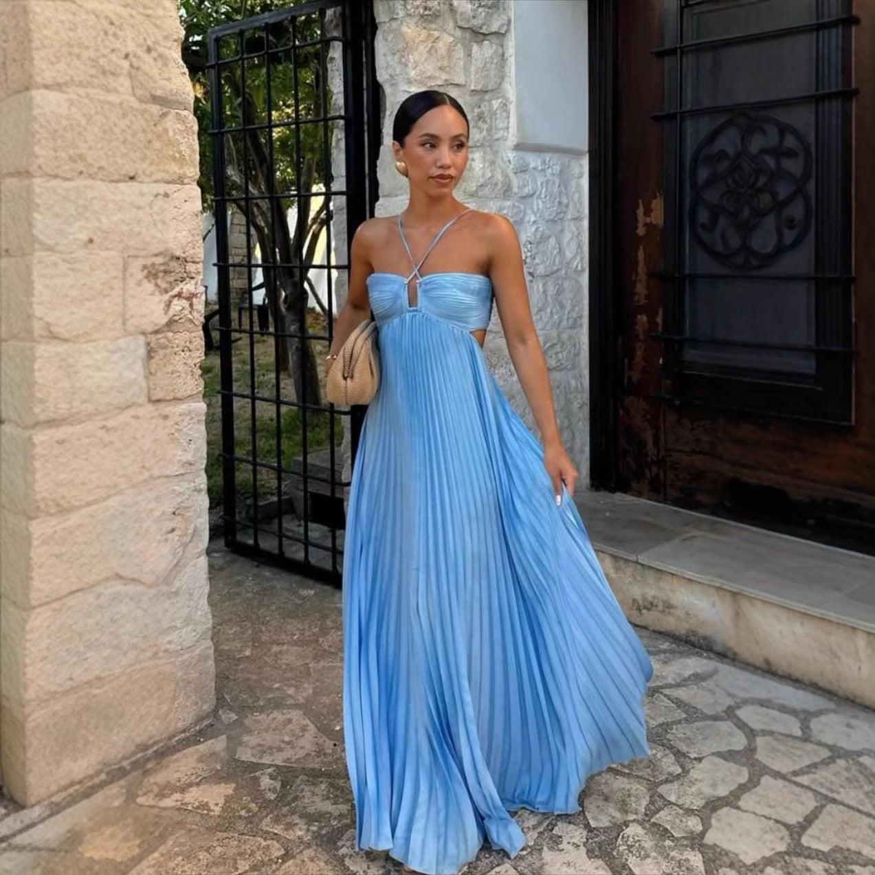 Summer Solid Color Tube Top Pleated Sleeveless Sling Dress