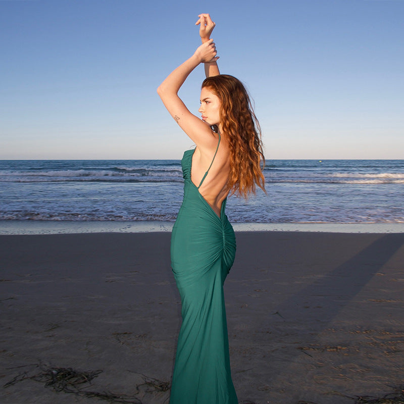 Women Backless Pleated Slim Maxi Dress