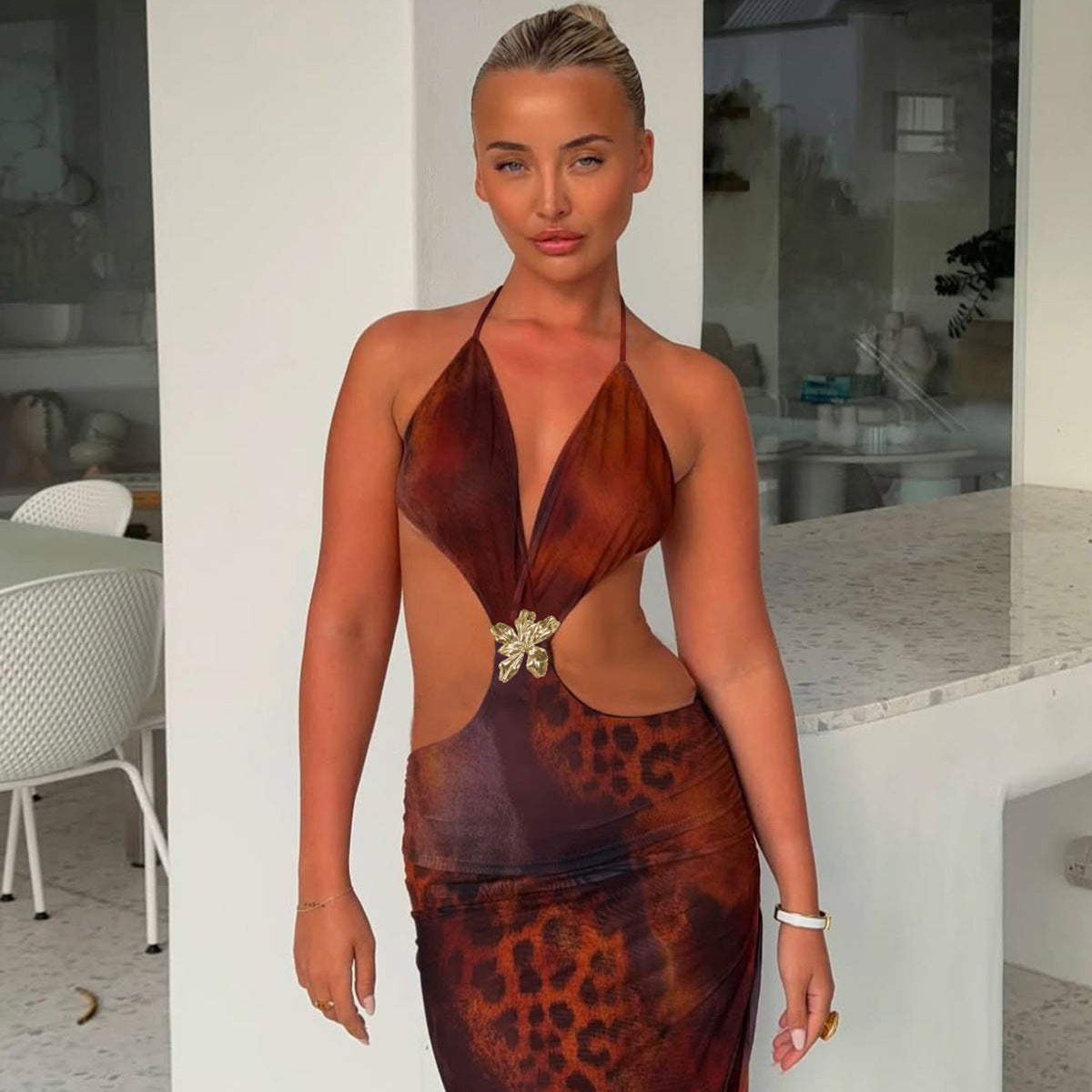 Cutout Print Slit Dress