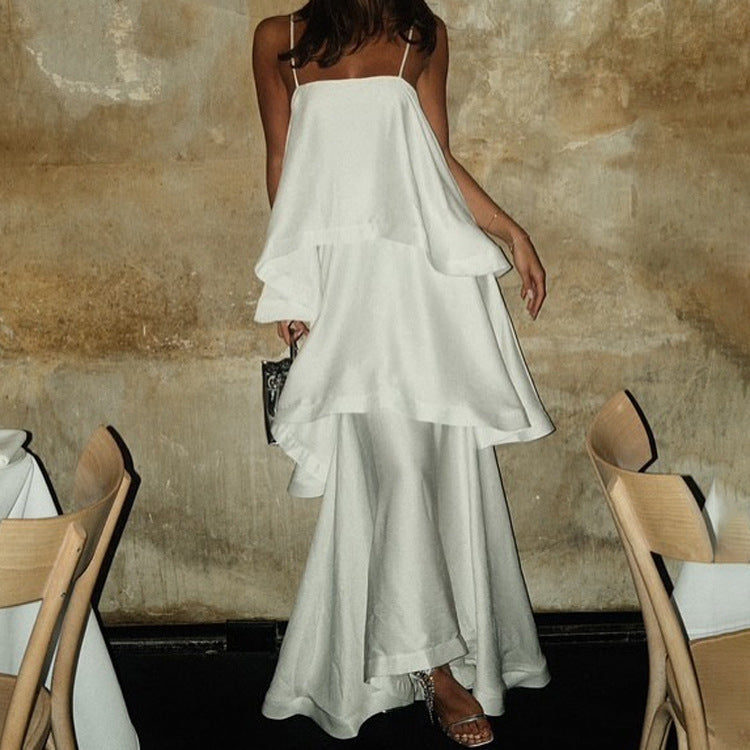 French Sleeveless White Satin Drape Women Dress Design Casual Cami Dress Tiered Dress