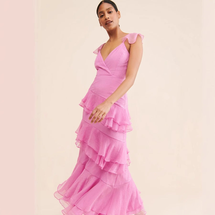 Sexy Strap Backless Tiered Dress Pink Dress