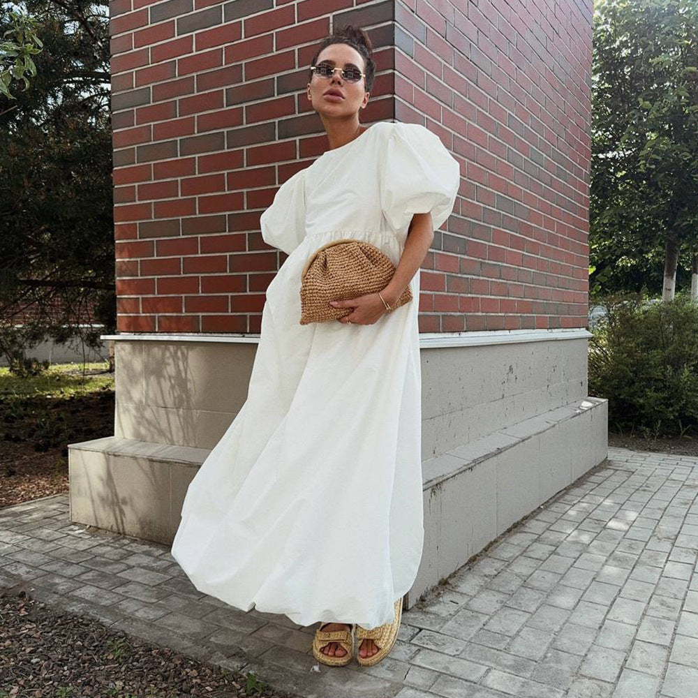 Cotton Puff Sleeve Dress – Casual Loose-Fit Spring Style