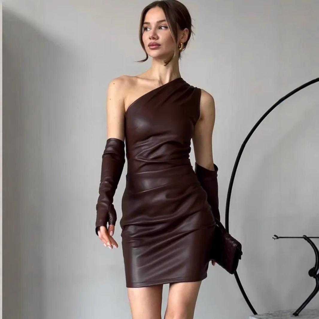 Faux Leather Sheath Dress – Diagonal Collar Street Style