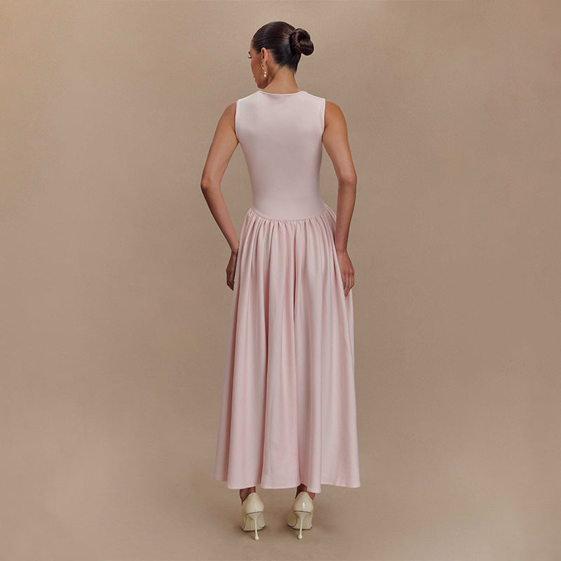 French Pink Strap Dress – Square Neck with Elegant Swing Skirt