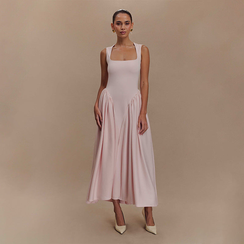 French Pink Strap Dress – Square Neck with Elegant Swing Skirt