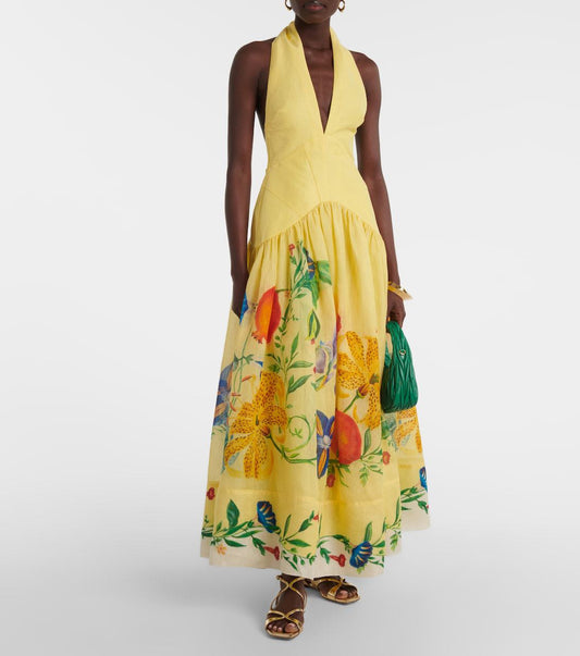 Summer Print Halter Backless Linen Dress