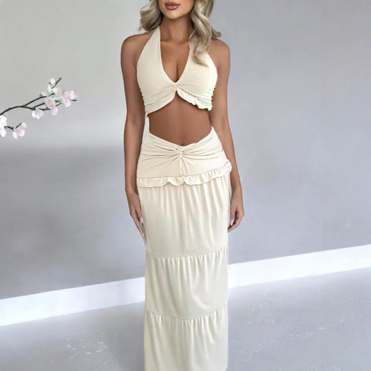 Summer Women Skirt Sexy Halter Two Piece Sets Low Waist Hem Sheath Dress