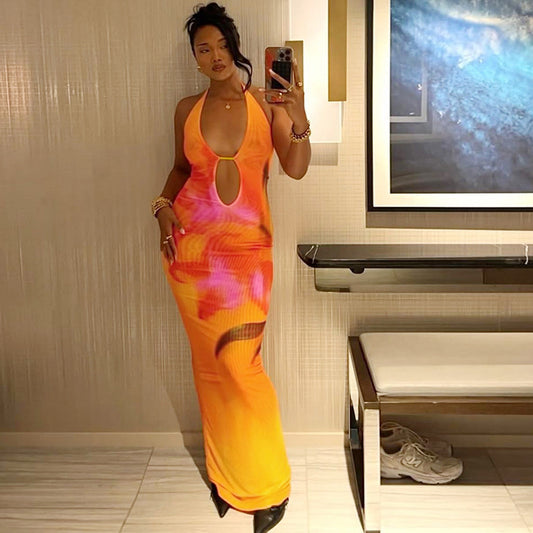 Printed Halter Sheath Dress with Cutouts