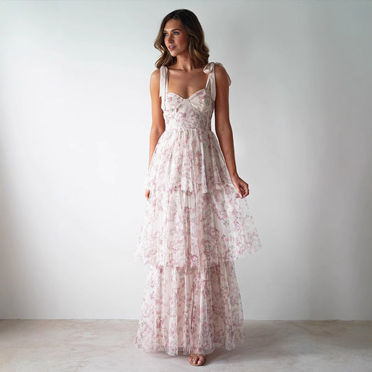 Sexy Sling Backless Cake Pink Floral Dress