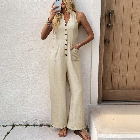 All Match Simple Casual Holiday Slim Looking Halter Solid Color Wide Leg Jumpsuit
