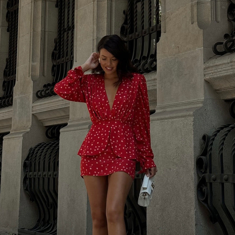 Digital Printing V neck Long Sleeve Pleated Dress Women Double Layer Design High Waist Hip Dress