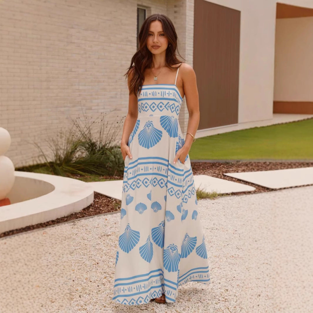 Shell Print Swing Maxi Dress – French High Waist Summer Look