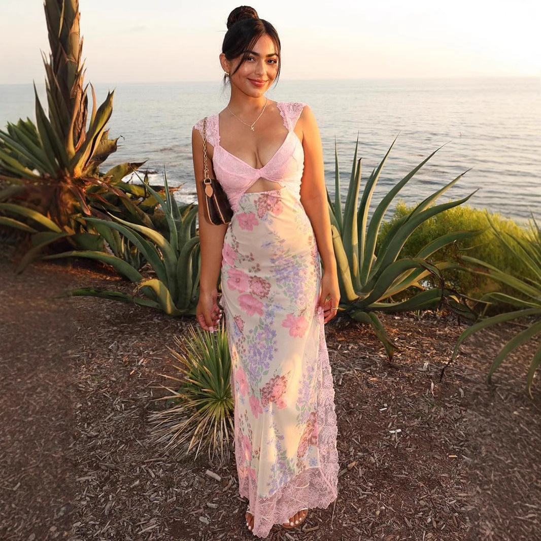 Lace & Print Asymmetric Beach Dress – Slit Detail