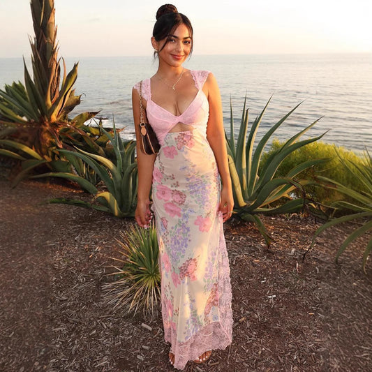 Lace & Print Asymmetric Beach Dress – Slit Detail