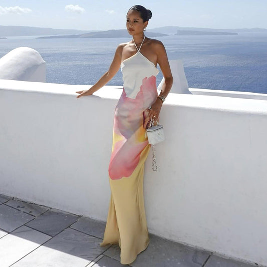 Women Clothing Halter Bare Back A line Loose Printed Dress