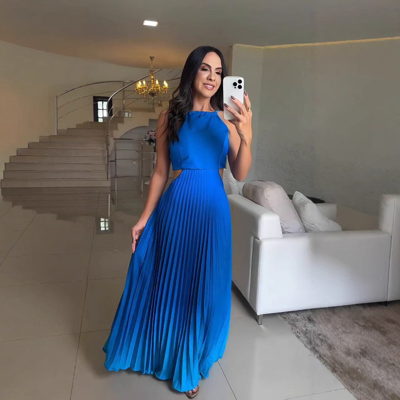 Elegant Halter Pleated Maxi Dress