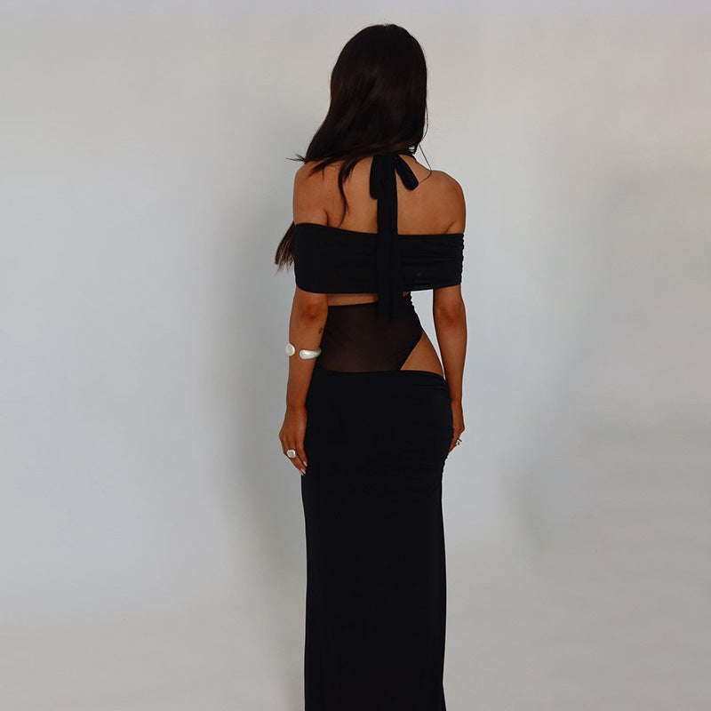 Spring Women Halter Mesh Slim Fit Patchwork Backless See through Dress