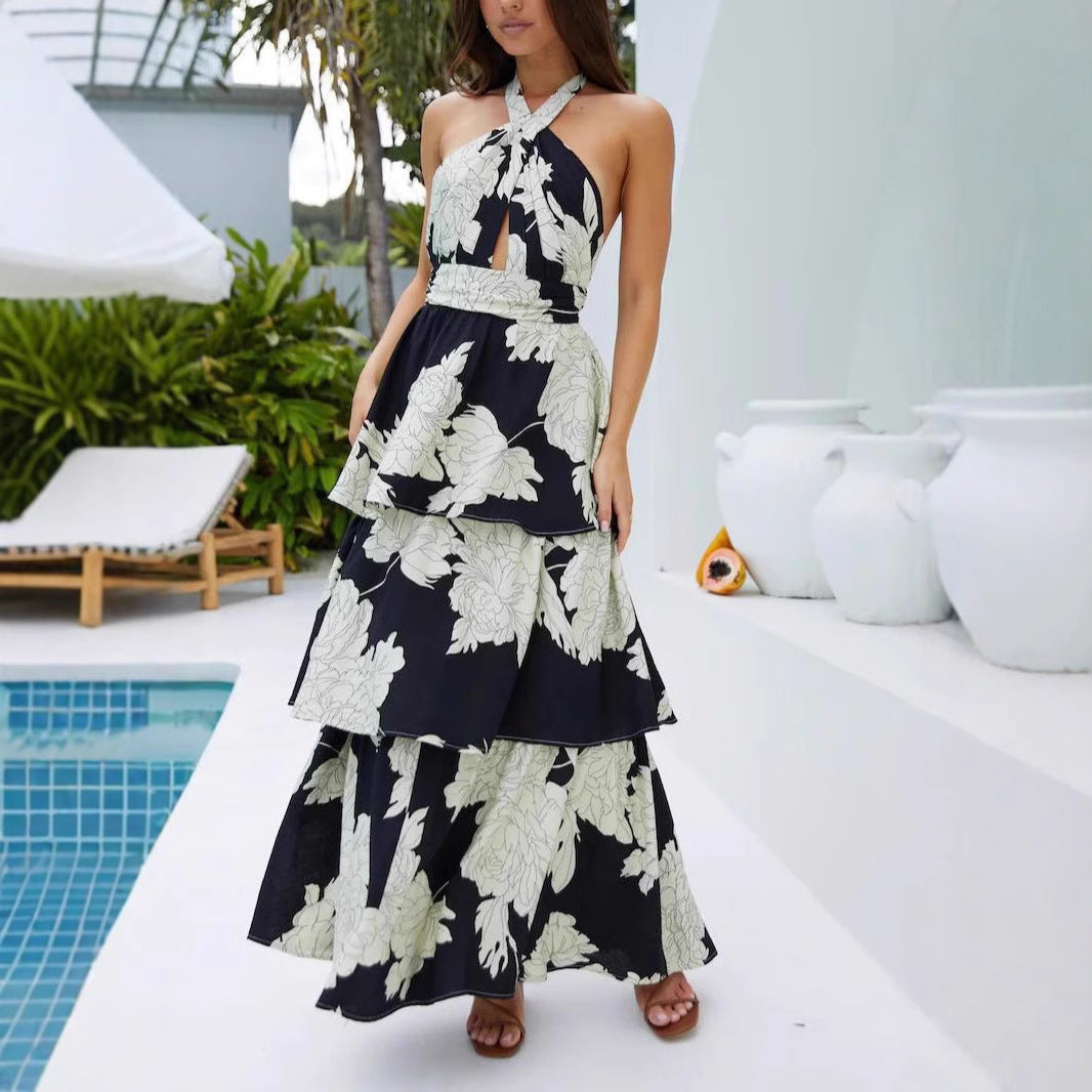 Printed Tiered Lace-Up Maxi Dress