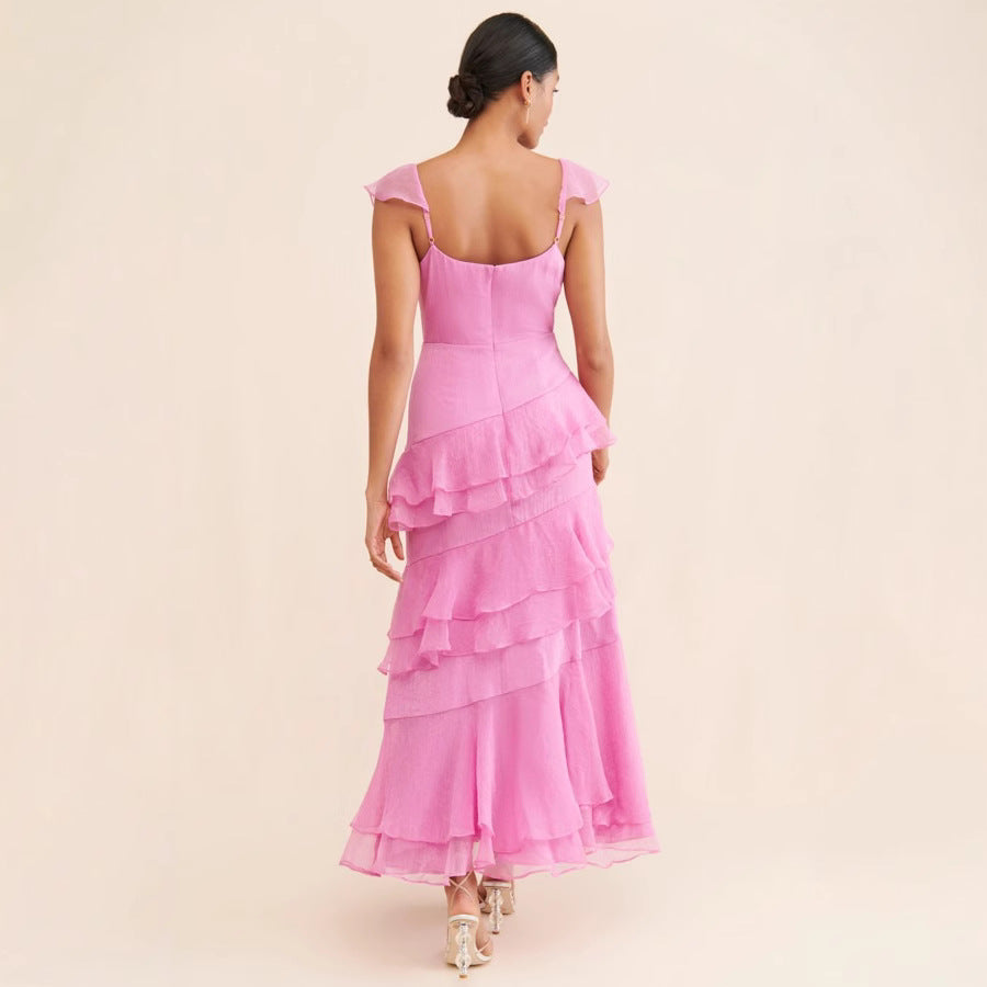 Sexy Strap Backless Tiered Dress Pink Dress