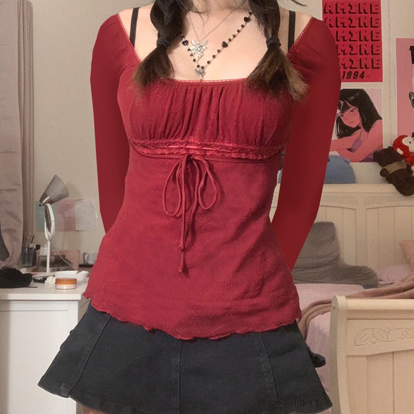 Autumn Gauzy Lace Shirt Long Sleeved Top Sexy Pullover Bow Waist Controlled Top