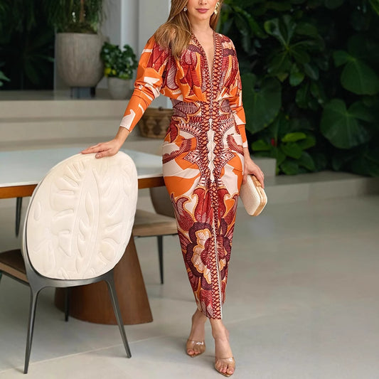 Printed Sexy V neck Long Sleeve Split Dress Women