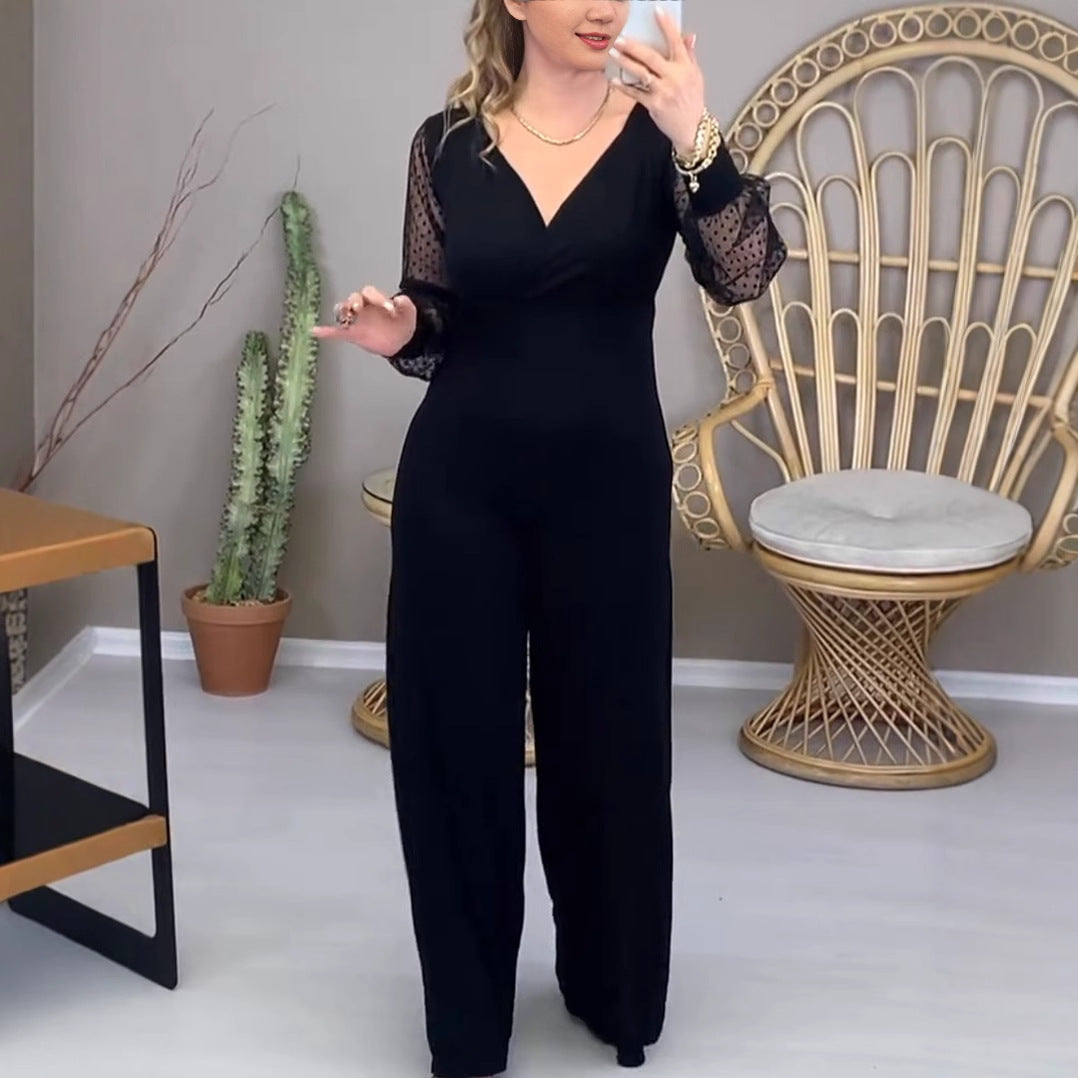 Autumn Mesh Sleeve V neck Waist Controlled Slimming Jumpsuit