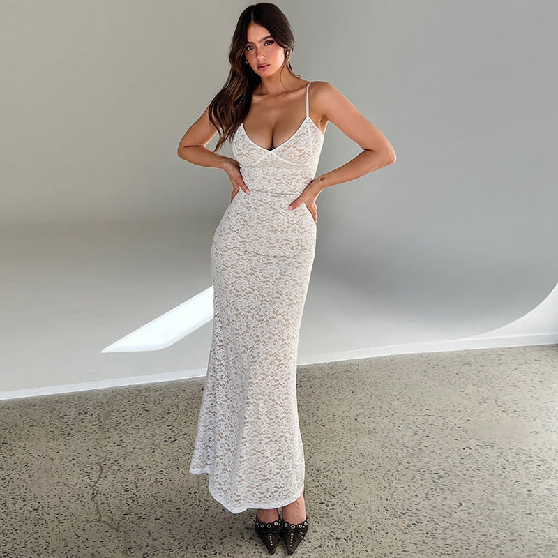 Summer Sexy V neck Lace Waist Hip Spaghetti Straps Dress Women