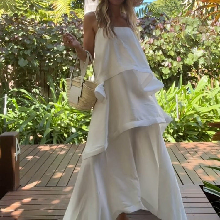 French Sleeveless White Satin Drape Women Dress Design Casual Cami Dress Tiered Dress