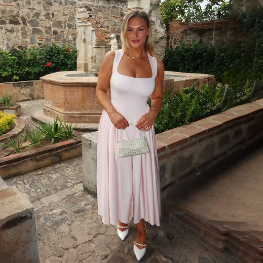 French Pink Strap Dress – Square Neck with Elegant Swing Skirt