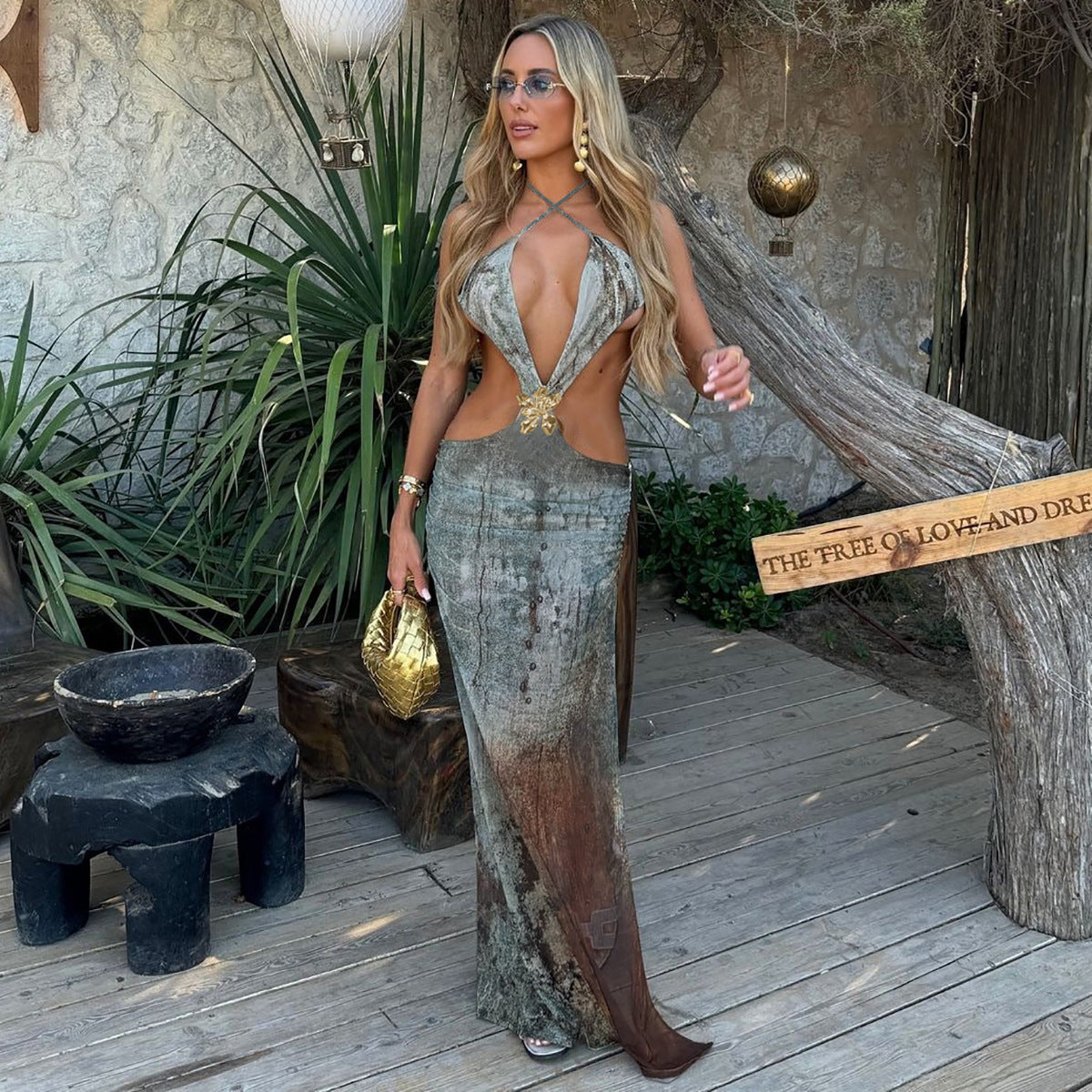 Cutout Print Slit Dress