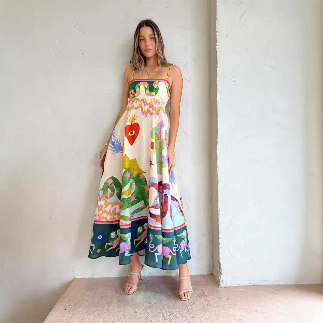 Spaghetti Strap Floral Print Linen 9 Color Swing Dress