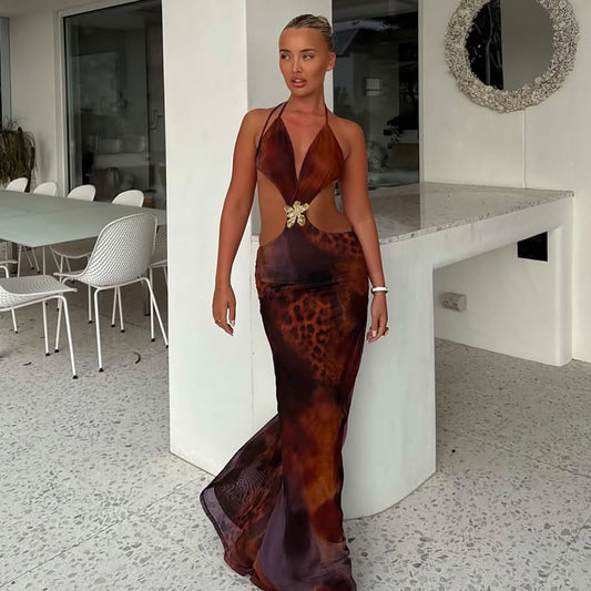 Cutout Print Slit Dress