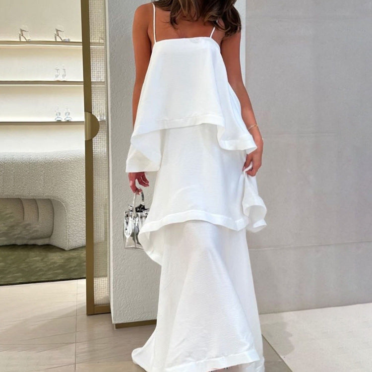 French Sleeveless White Satin Drape Women Dress Design Casual Cami Dress Tiered Dress