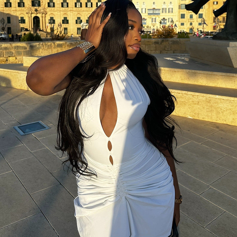 Pleated Sexy Cutout Hip Slim Fit Turtleneck Sleeveless  Dress