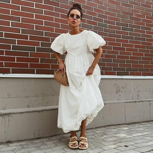 Cotton Puff Sleeve Dress – Casual Loose-Fit Spring Style