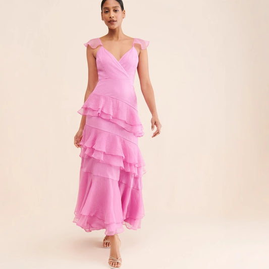 Sexy Strap Backless Tiered Dress Pink Dress