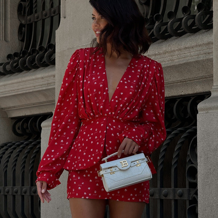 Digital Printing V neck Long Sleeve Pleated Dress Women Double Layer Design High Waist Hip Dress