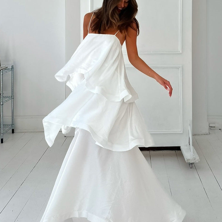 French Sleeveless White Satin Drape Women Dress Design Casual Cami Dress Tiered Dress