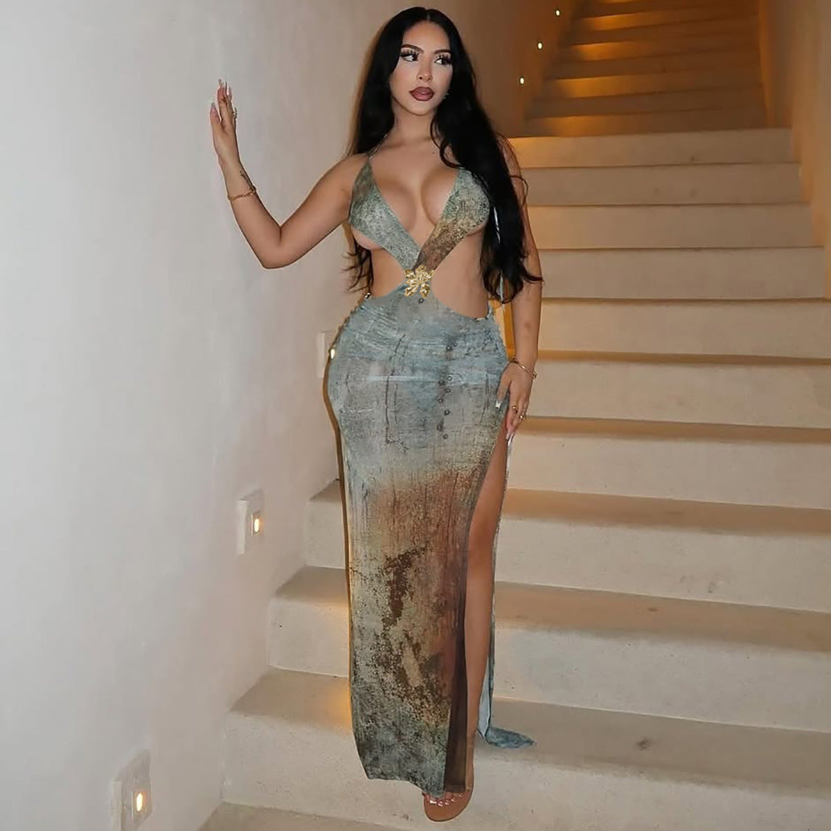 Cutout Print Slit Dress