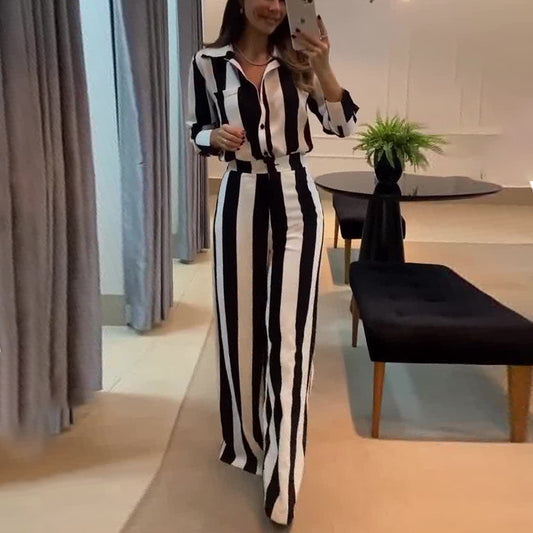Autumn Casual Black White Striped Button Pocket Design Shirt Wide Leg Pants Two Piece Sets