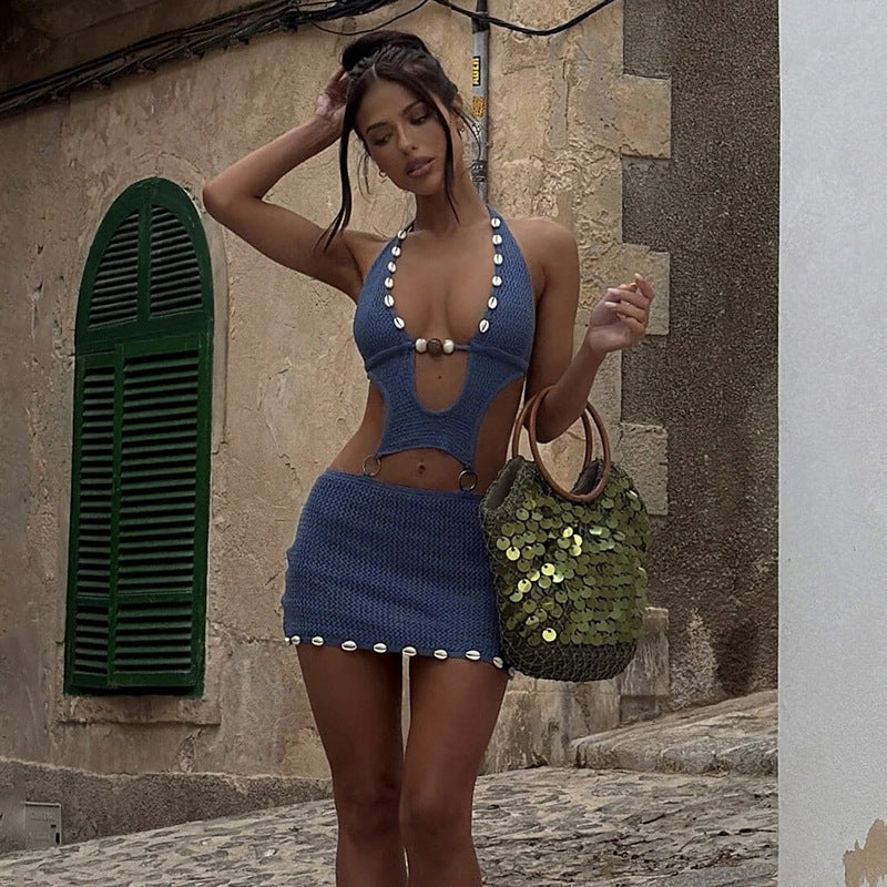 Beaded Halter Knit Dress – Lace-Up Cutout Sheath Style