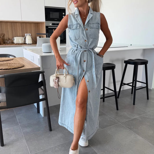 Sleeveless Long Tie Waist Single Breasted Denim Dress