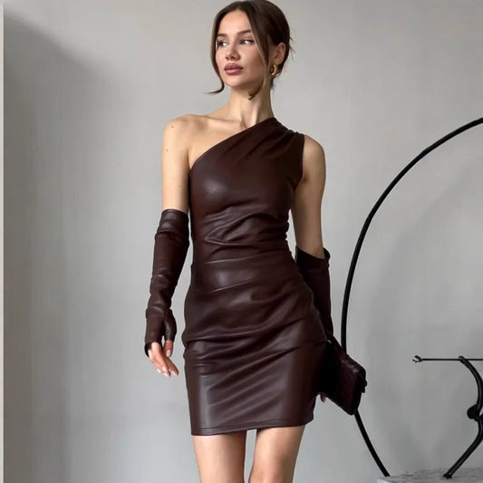 Faux Leather Sheath Dress – Diagonal Collar Street Style