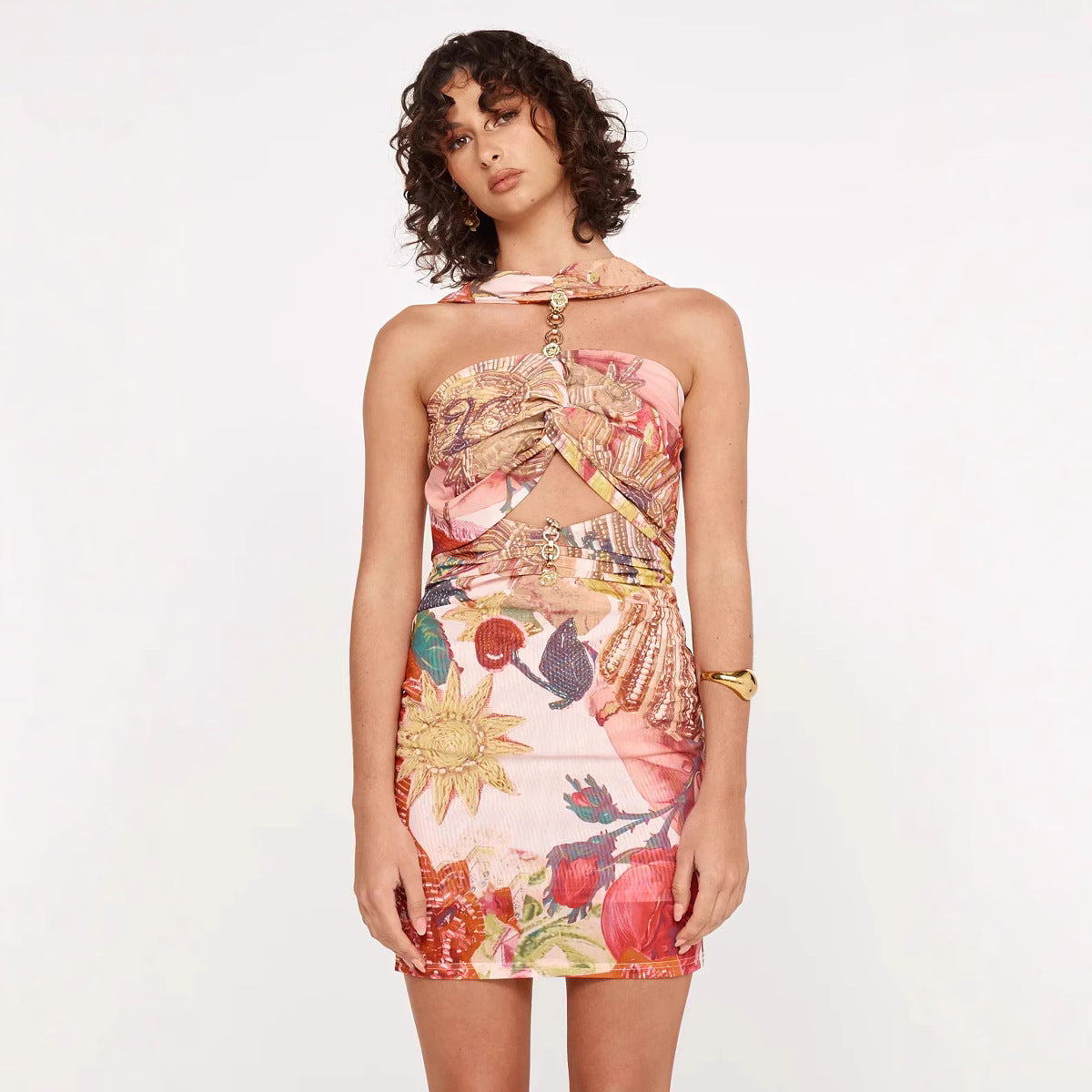 Spring Summer Halter Mesh Printing Dress