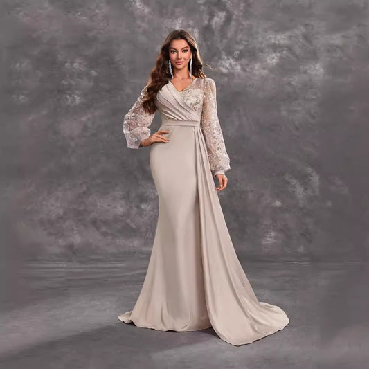 Sequined Satin V neck Long Sleeve Evening Gown